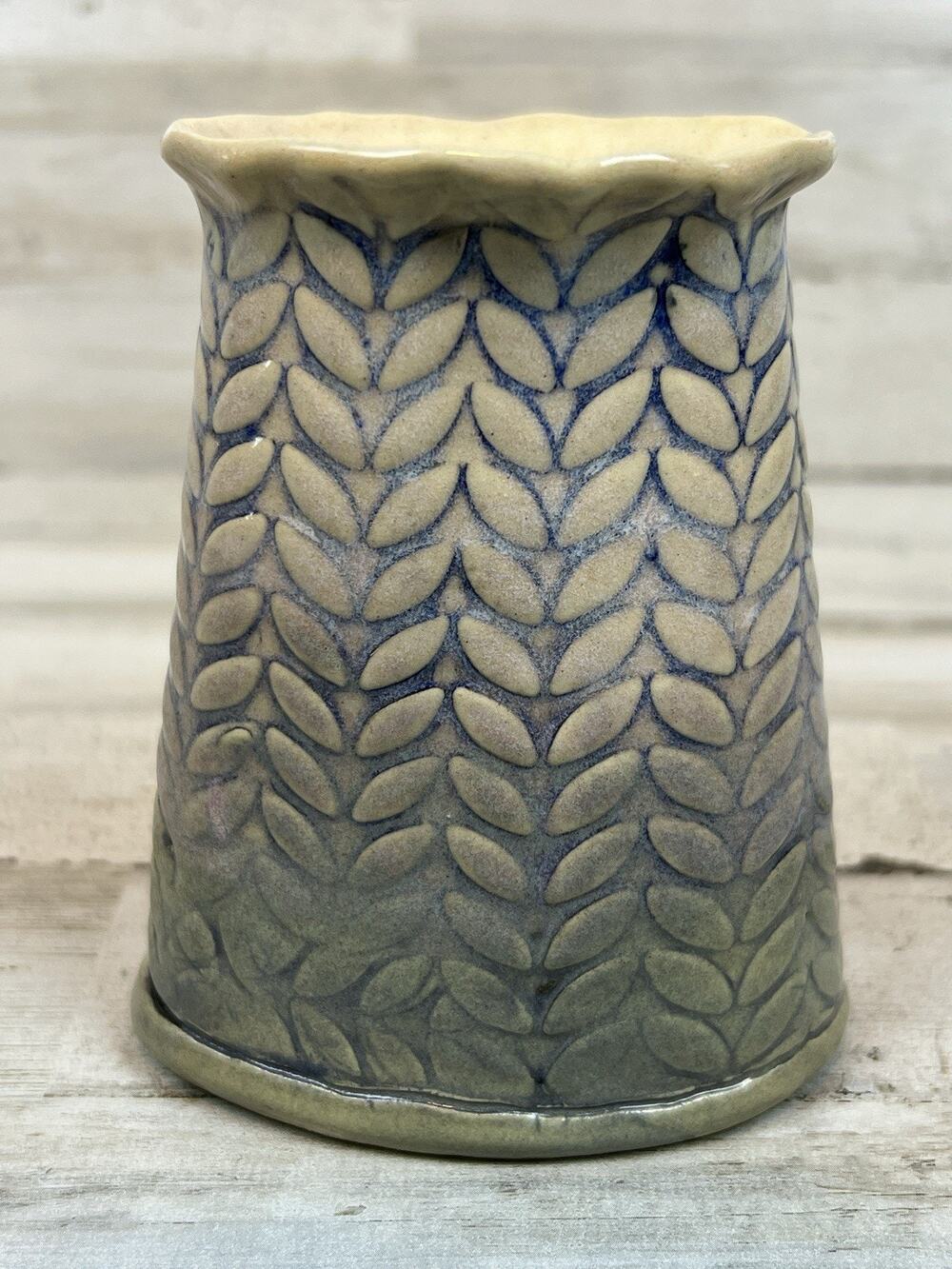 Studio Art Pottery Vase Signed MT Appalachian Blue Green Leaf Handmade 4.5"